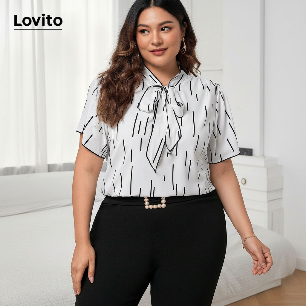 Lovito Blusa plus size sofisticada geométrica com laço frontal para mulheres LBL20083 em Oferta na Shopee