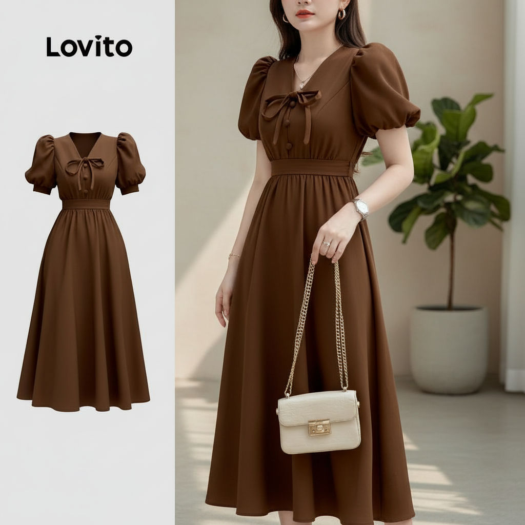 Lovito Refine Vestido Retrô Zíper Primavera/verão Marrom Feminino LK2ED160 em Oferta na Shopee