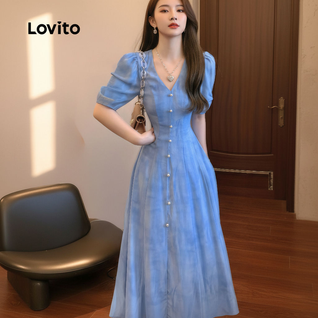 Lovito Vestido feminino Casual Azul com botões para Primavera Verão L158AD190 em Oferta na Shopee