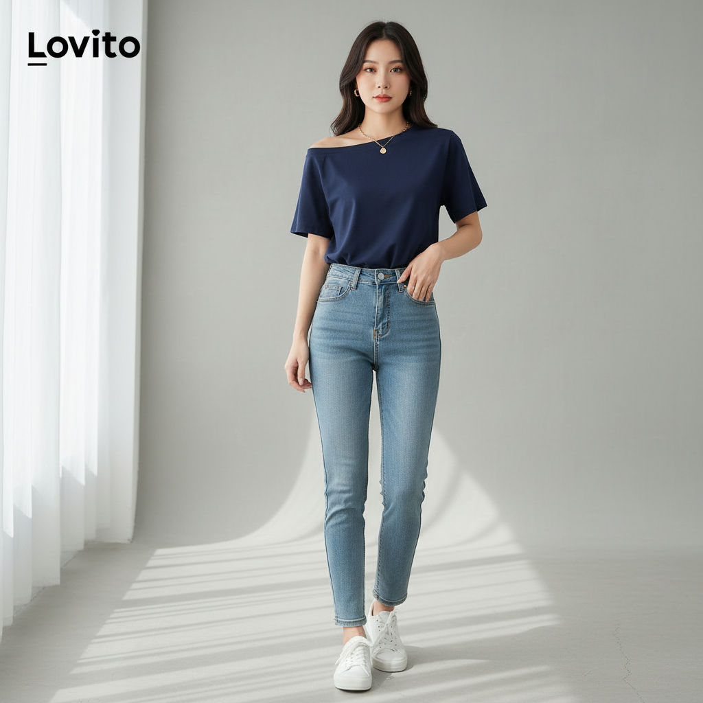 Lovito Blusa Casual Simples Assimétrica Ombro à Mostra Para Mulheres L104ED669 em Oferta na Shopee