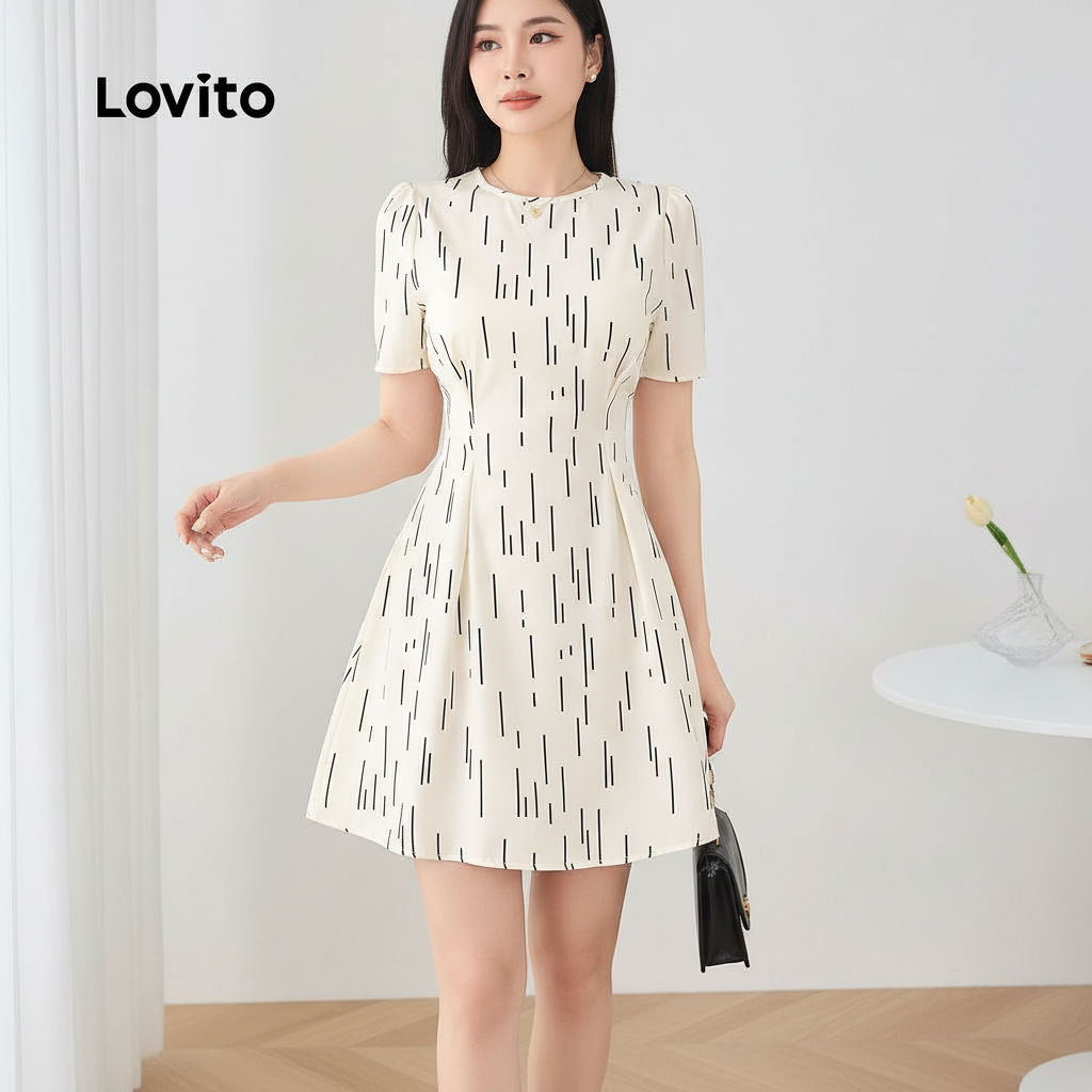 Lovito Vestido Casual Plissado com Drapeado Geométrico para Mulheres L129AD1068