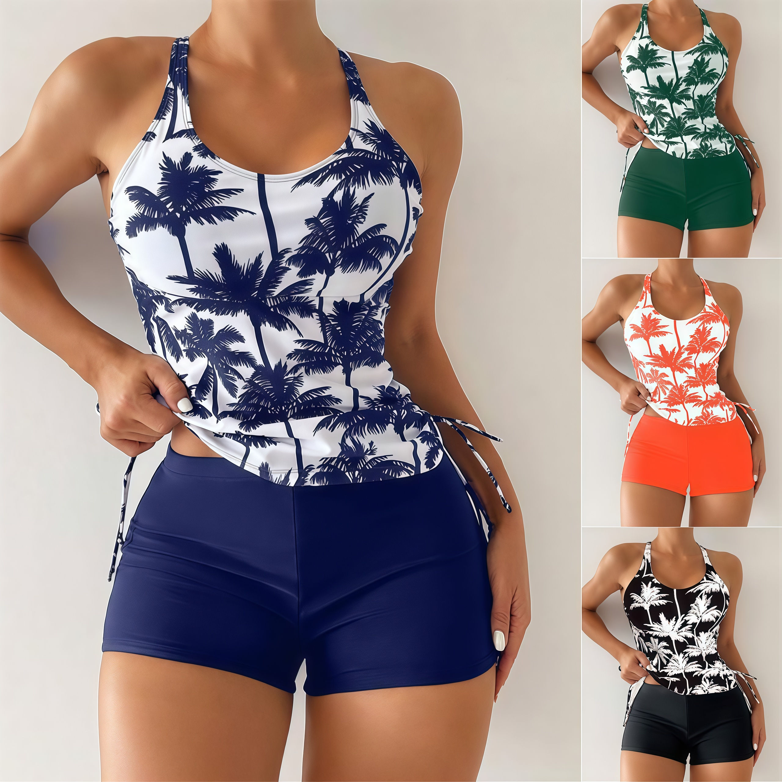 Maiô Feminino , Estilo Colete Dividido , Calça Tankini De Canto Plano , Padrão De Estampa De Coqueiro , Adequado Para Pr em Oferta na Shopee
