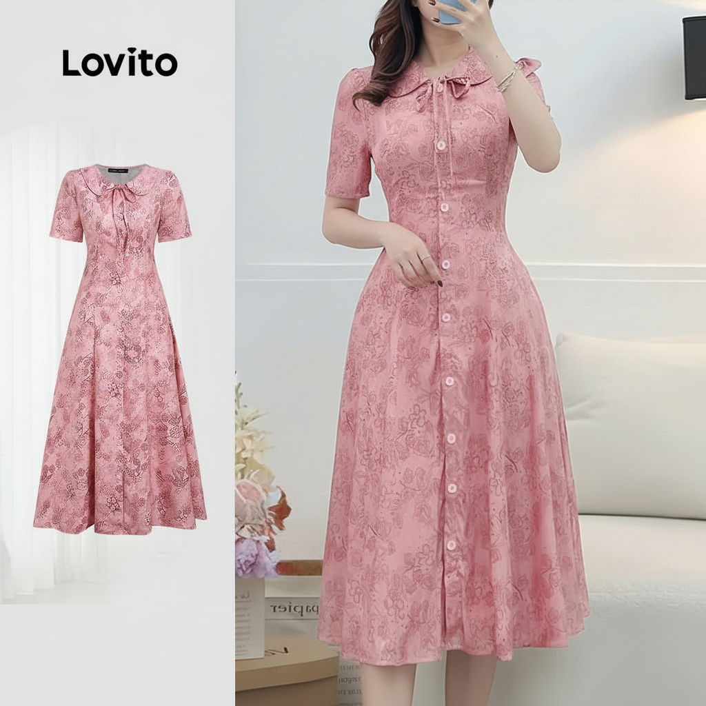 Lovito Refine Vestido Feminino Casual Floral com Laço Frontal Primavera Verão Rosa L165ED1520 em Oferta na Shopee