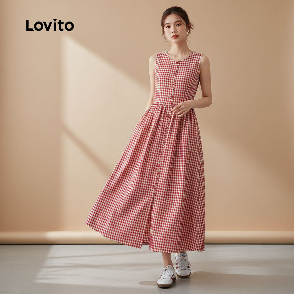 Lovito Vestido sofisticado estampado xadrez com botões feminino LNE77572 em Oferta na Shopee