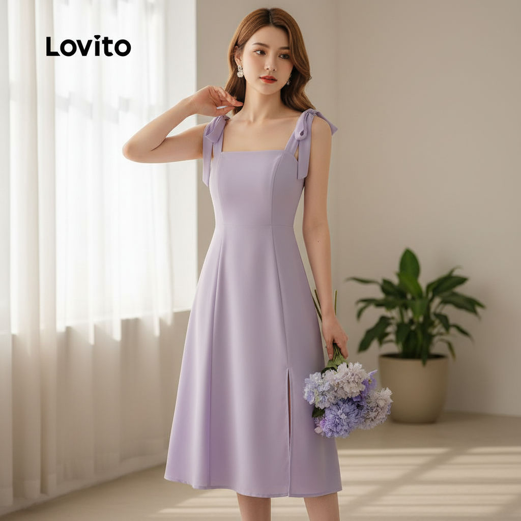 Lovito Vestido feminino Casual simples com laço frontal L129ED331 em Oferta na Shopee