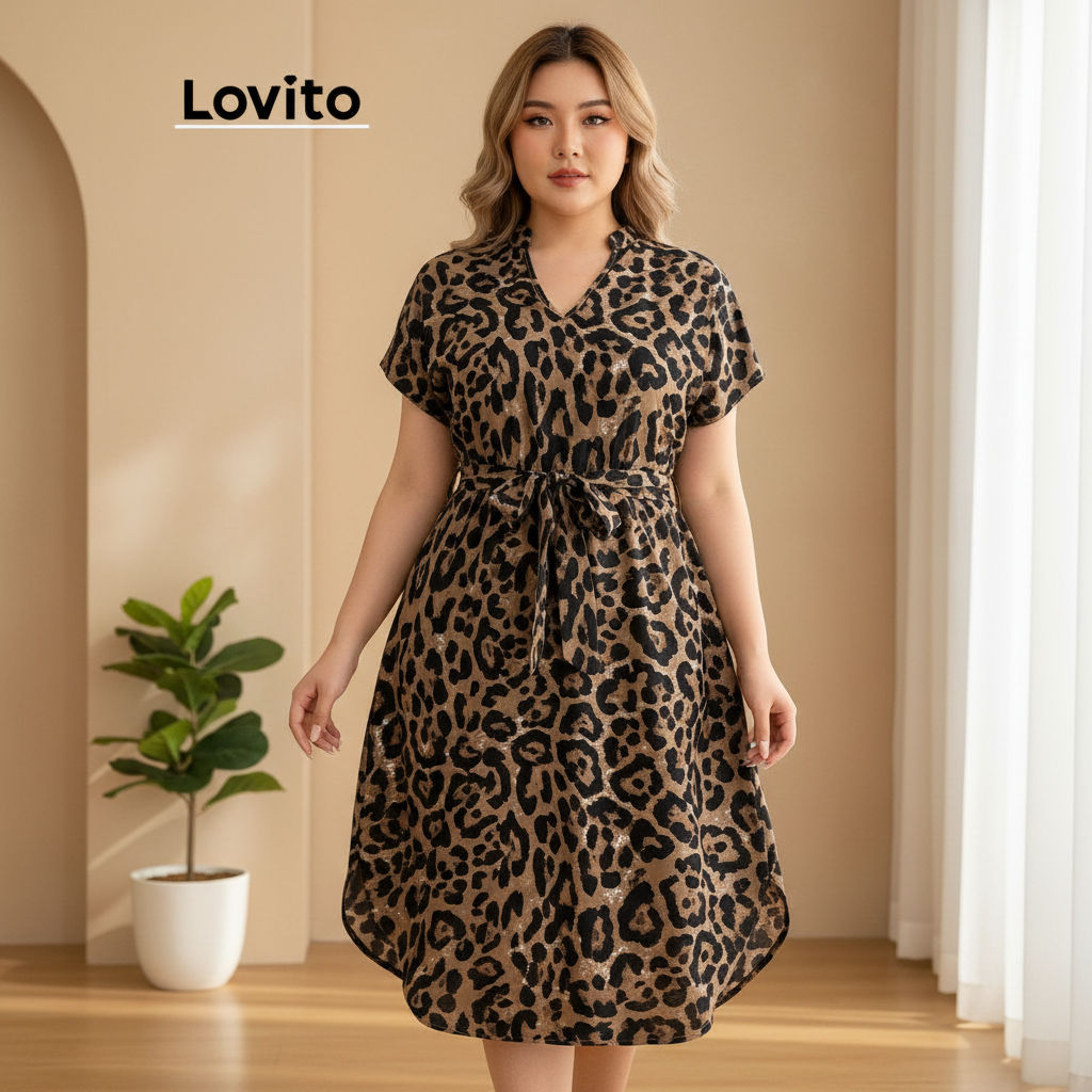 Lovito Vestido Curva Plus Size Casual Estampa Leopardo Com Cinto Verão Primavera LBL18615