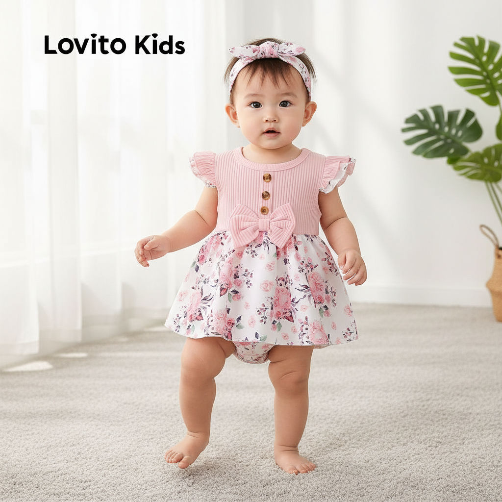 Lovito Crianças Macacão com Touca e Laço, Botões Frontais, Rosa Bebê, LNL111178 em Oferta na Shopee