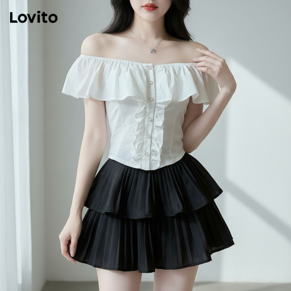 Lovito Blusa Charmosa Plissada Com Babados Lisos E Botões Frontais Para Mulheres L114AD634