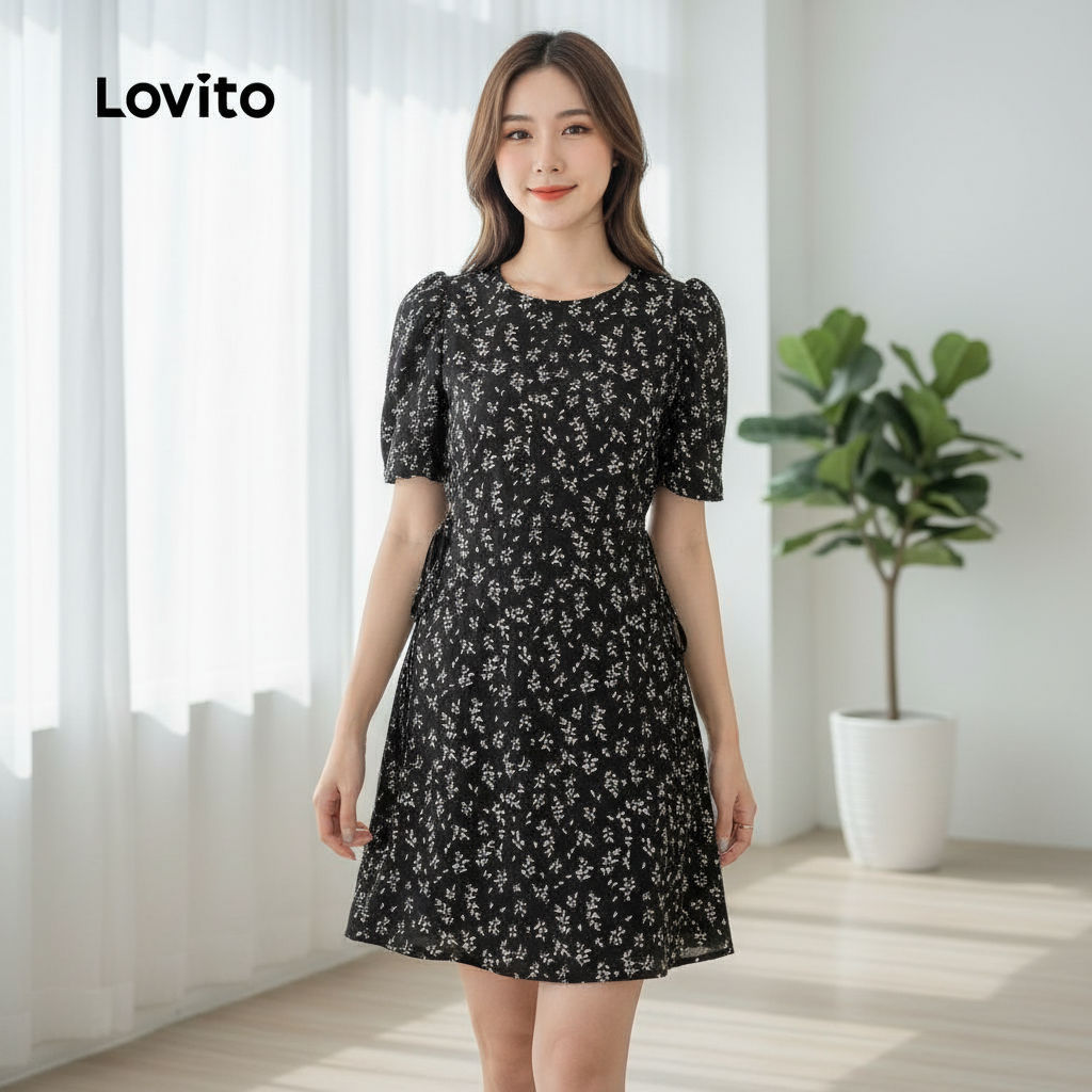 Lovito Vestido Feminino Floral Delicado Recorte Com Amarração Frontal e Cordão L102AD303