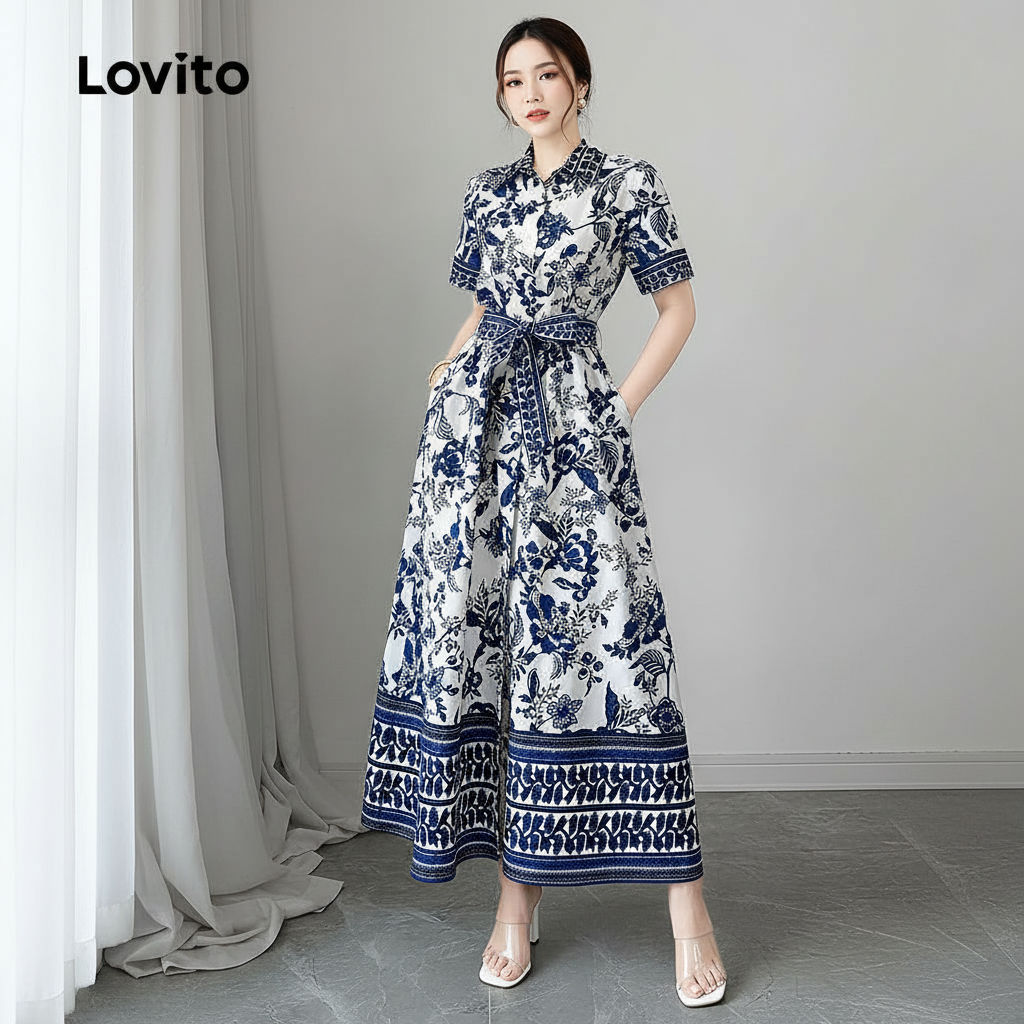 Lovito Refine Vestido Feminino Azul Com Botões Frontais e Cinto para Primavera Verão L154LD175 em Oferta na Shopee