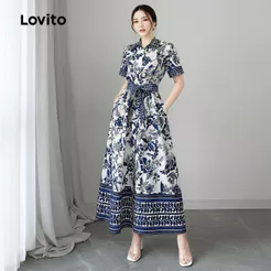 Lovito Férias Vestido Feminino Azul Com Botões Frontais e Cinto para Primavera Verão L154LD175