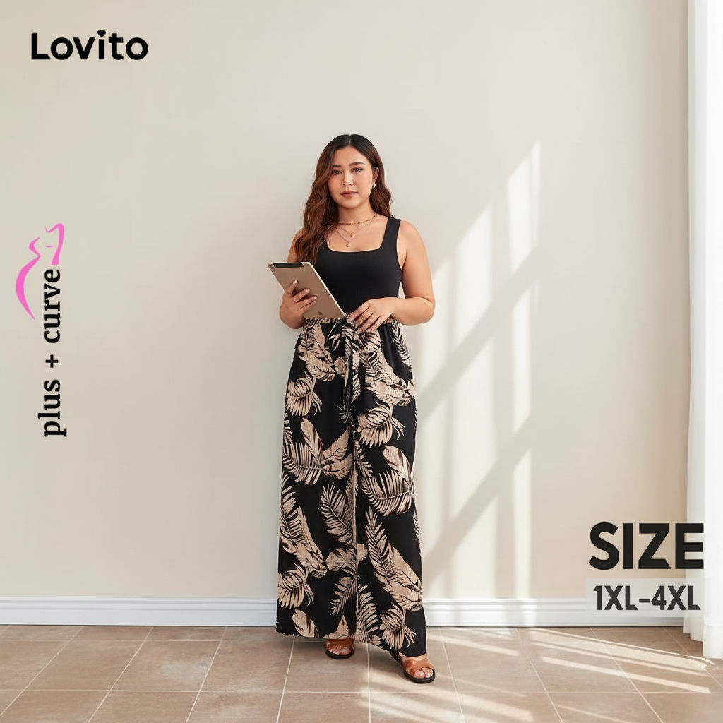 Lovito Macacão Elegante Tecido Tropical Costurado Plus Size Curve Para Mulheres LNL91059 em Oferta na Shopee