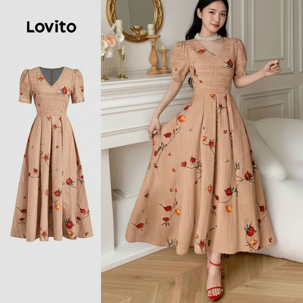 Lovito Vestido Boho com Babados em Tecido Retrô para Primavera/Verão Vestido Bege Claro LBL27224 em Oferta na Shopee