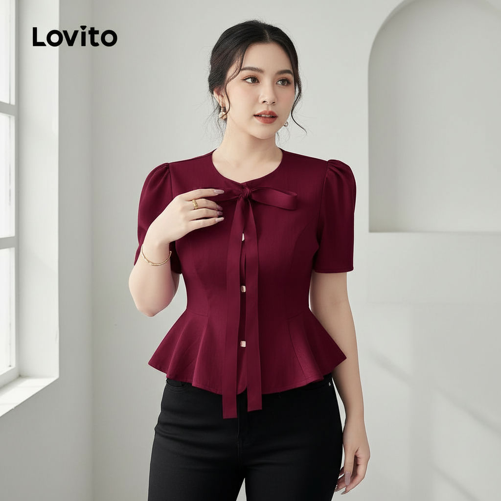 Lovito Elegante Blusa Sofisticada com Botões Babado na Barra Laço Frontal Primav