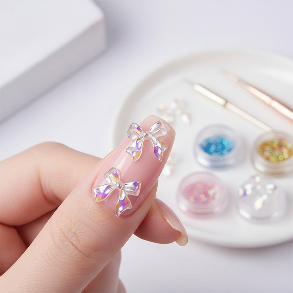 50PCS encantos de laço para unhas, design 3D aurora de laço fofo para suprimentos de unhas, laço acrílico branco para
