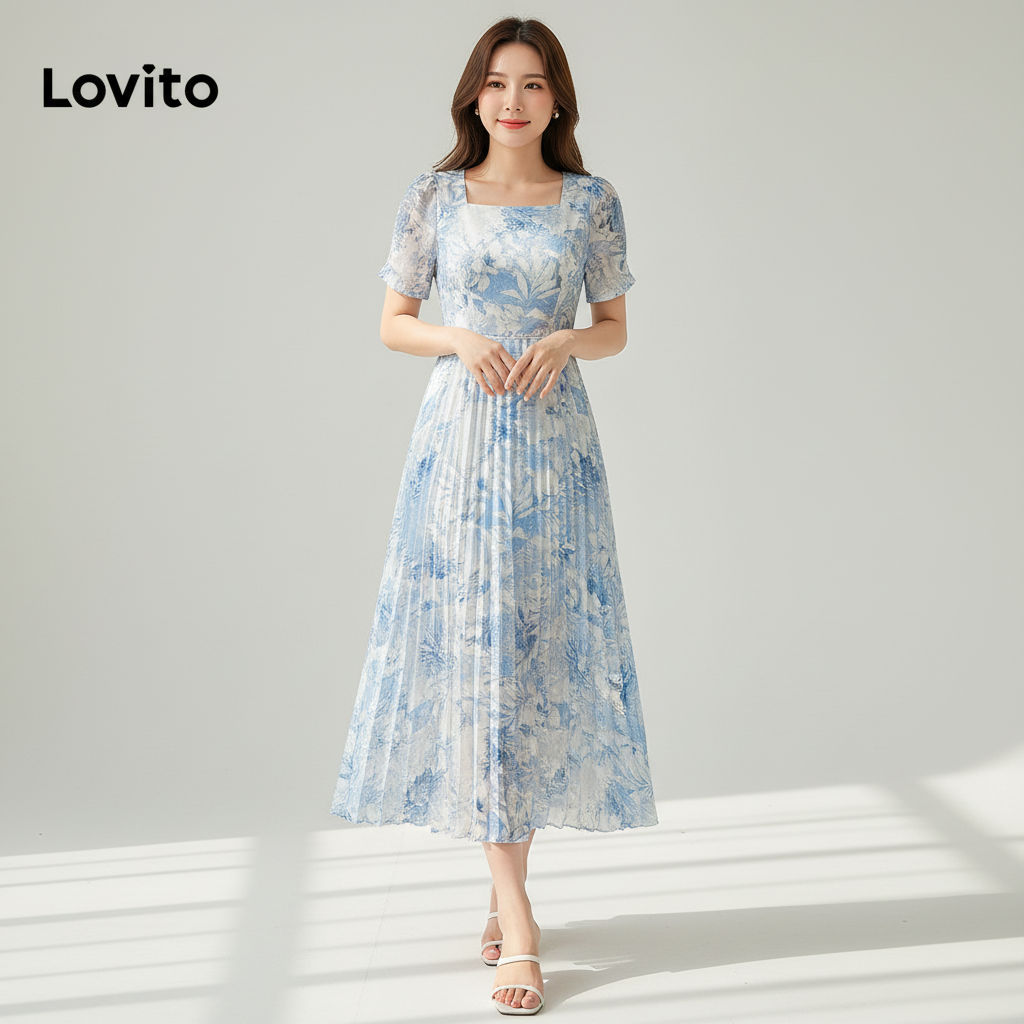 Lovito Vestido Feminino Boho Floral Plissado Dupla Camada L83EN384 em Oferta na Shopee