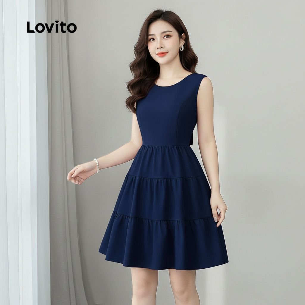 Lovito Vestido Encantador com Laço e Camadas Azul Escuro Para Mulheres L155AD252 em Oferta na Shopee