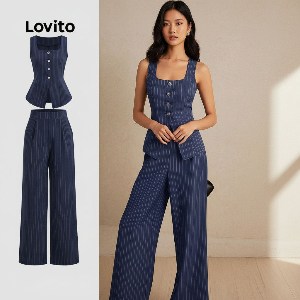 Lovito Conjunto Blusa e Calça Listradas com Botões Frontais e Amarração Traseira Elegante para Todas Estações LBL23201