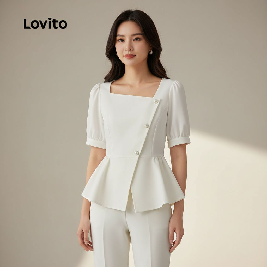 Lovito Blusa Assimétrica com Botões para Primavera/Verão Elegante Feminina Off-white L137LD210