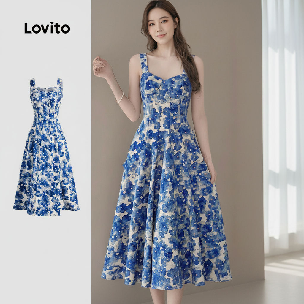 Lovito Casual Primavera/Verão Azul Vestido Feminino LBL29174 em Oferta na Shopee