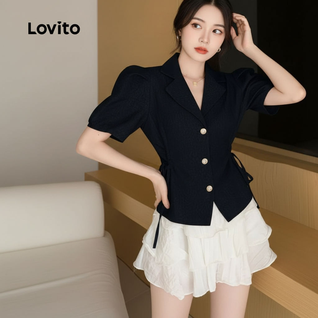 Lovito Blusa Sofisticada em Renda com Botão e Amarração Primavera/Verão Preta para Mulheres L142LD188