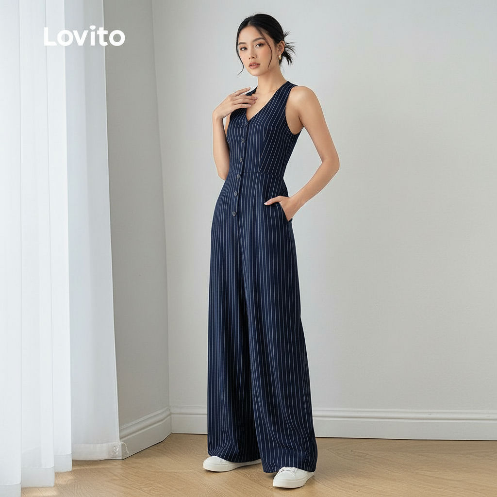 Lovito Refine Macacão Feminino Azul com Botões para Primavera/Verão L154LD157 em Oferta na Shopee