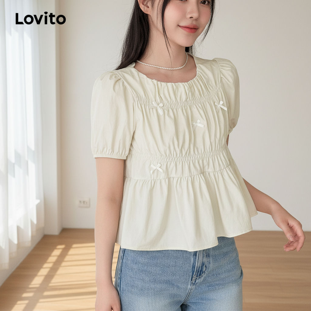Lovito Blusa Casual Feminina Com Laço Liso E Franzido L106AD545 em Oferta na Shopee