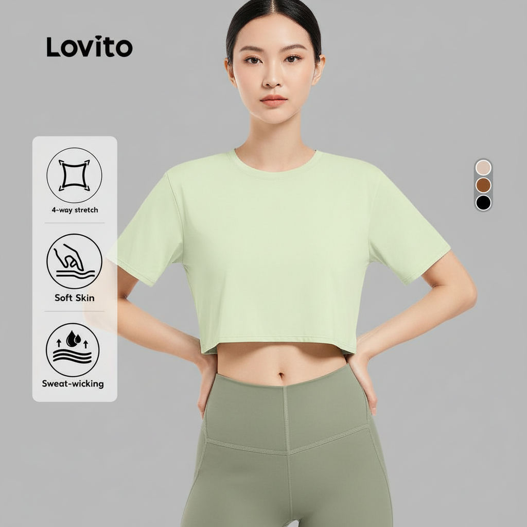 Lovito Blusa Esportiva Feminina de Manga Curta e Secagem Rápida para Yoga Pickleball e Corrida LNL75219