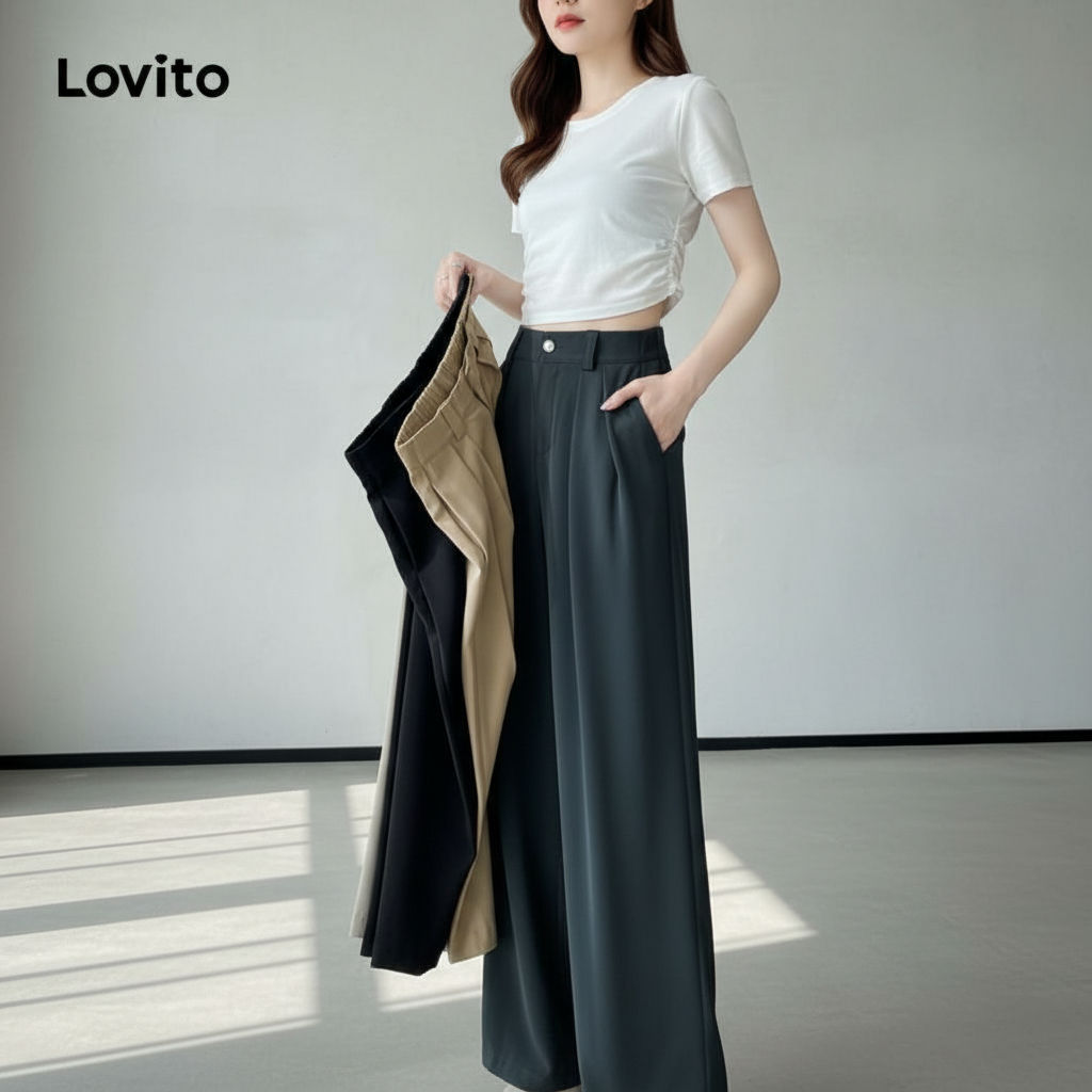 Lovito Calça Feminina Casual Botão E Zíper Lisa LNE51064 em Oferta na Shopee