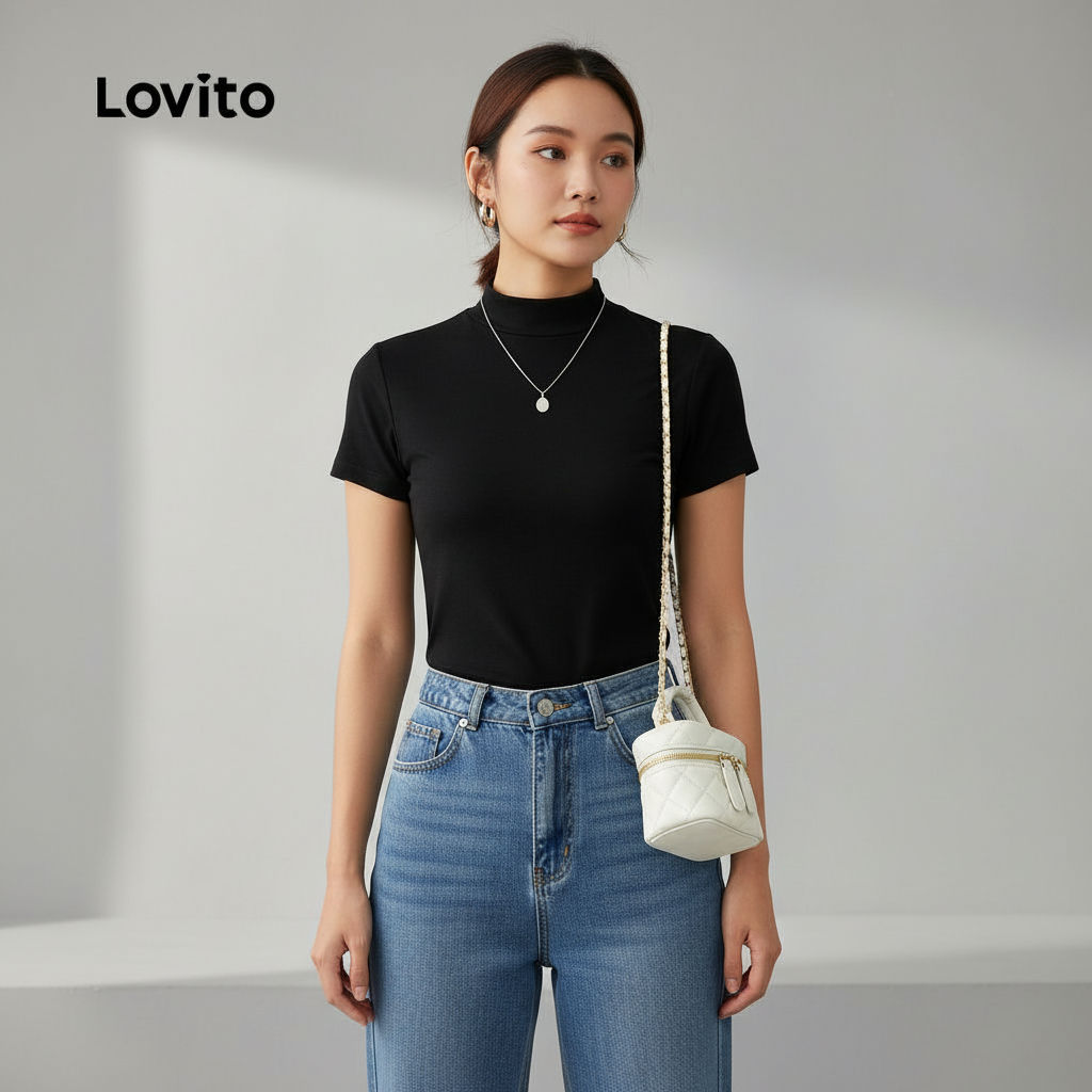Lovito Refine Camiseta Feminina Gola Alta Lisa Casual LNE38015 (Preto)