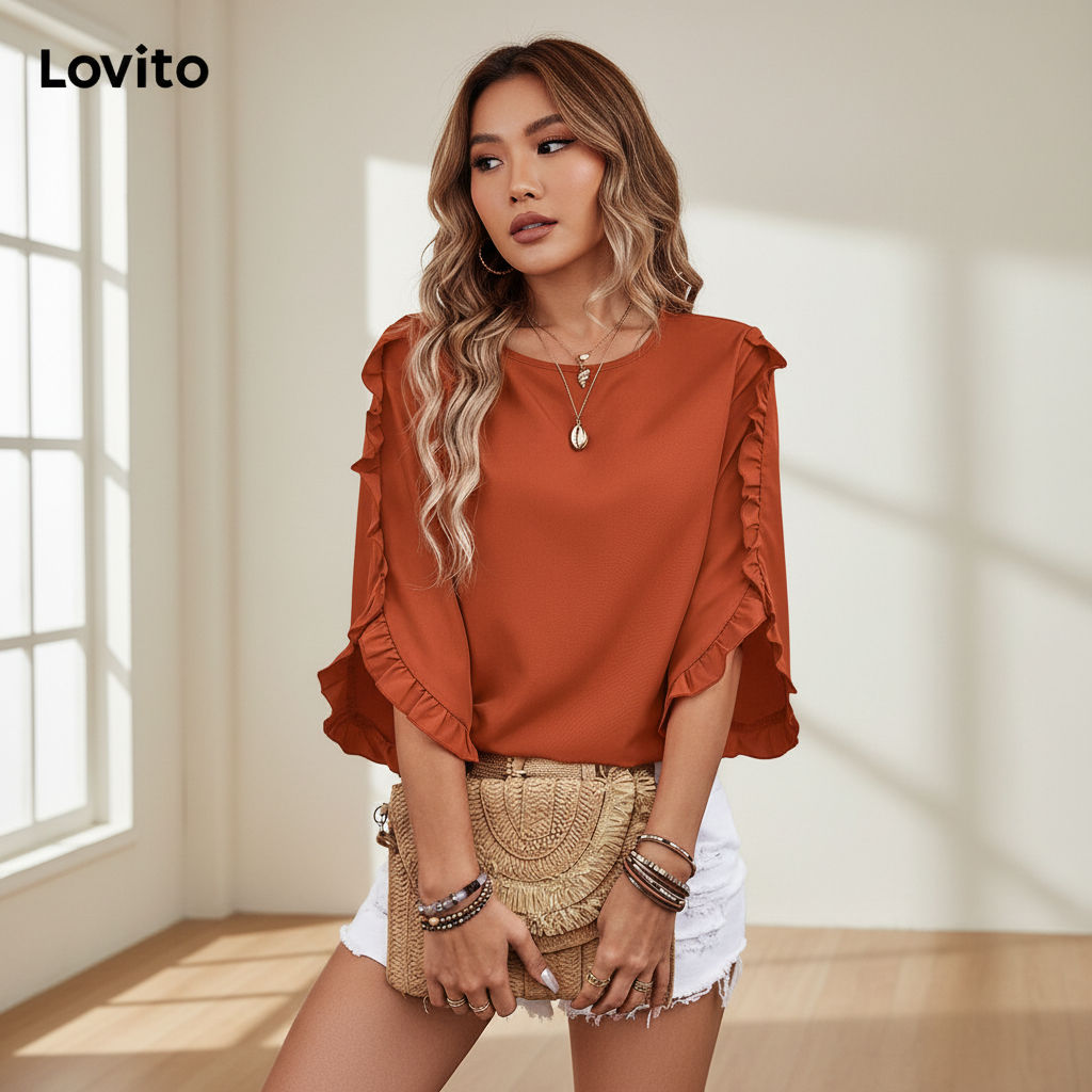 Lovito Blusa Feminina Casual Lisa com Borda de Alface LBL17078 em Oferta na Shopee