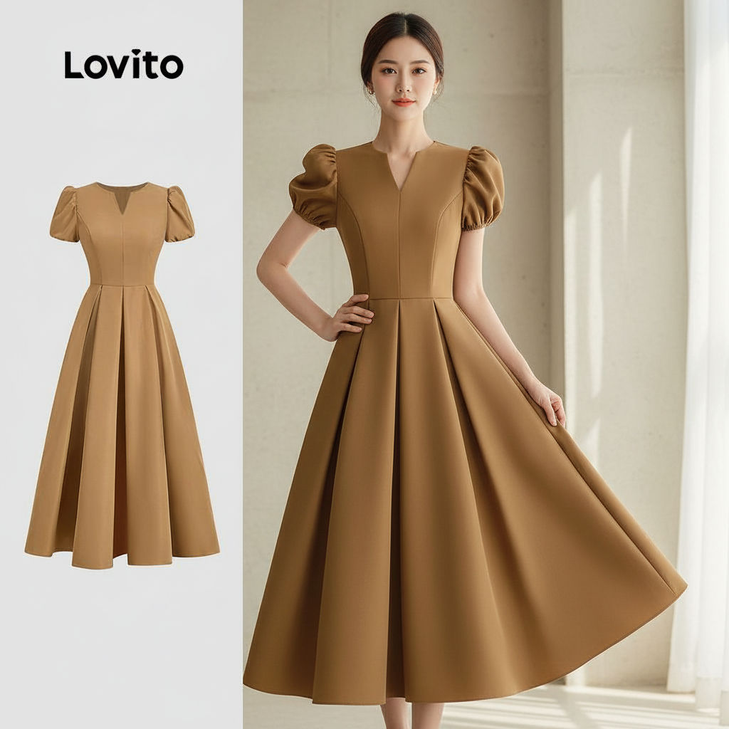 Lovito Vestido sofisticado plissado com estrutura para primavera/verão marrom L143ED396 em Oferta na Shopee