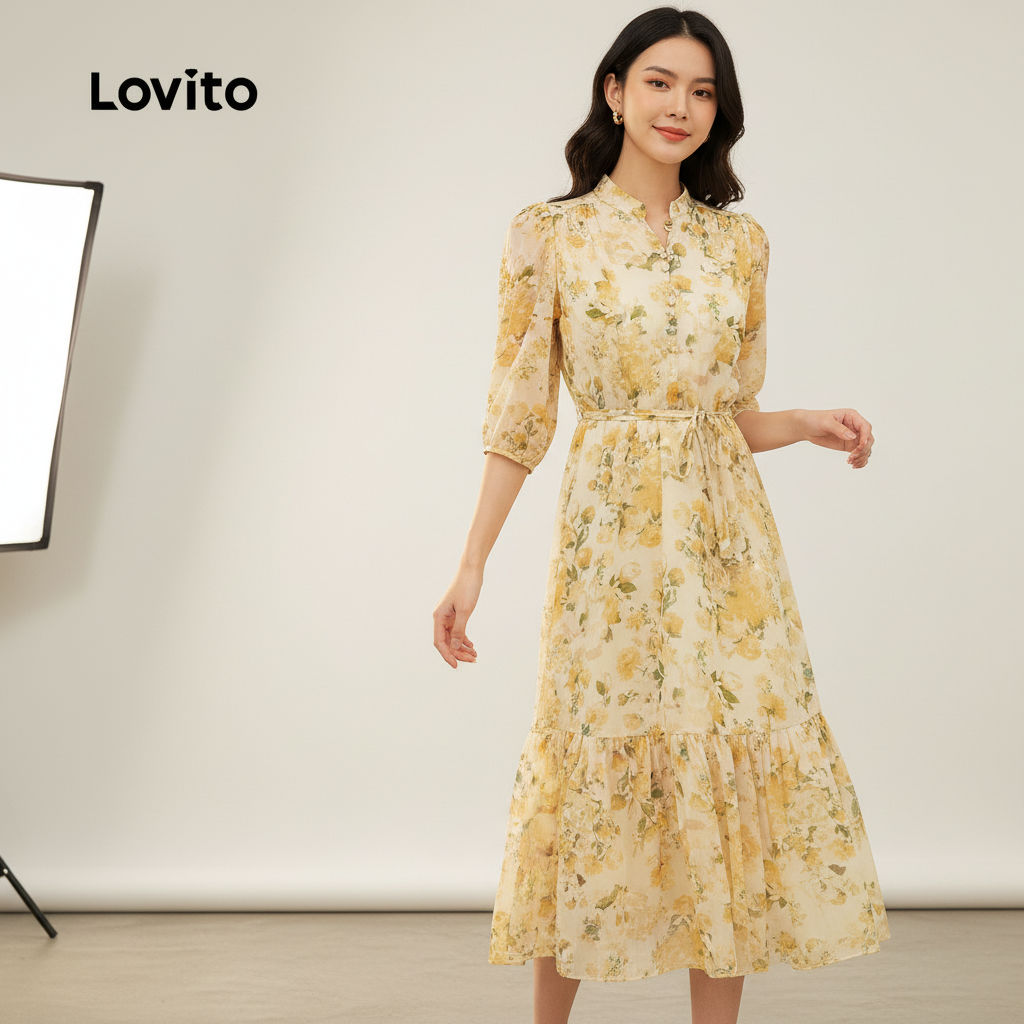 Lovito Vestido Feminino com Botão Verão Amarelo para mulheres L154LD308 em Oferta na Shopee