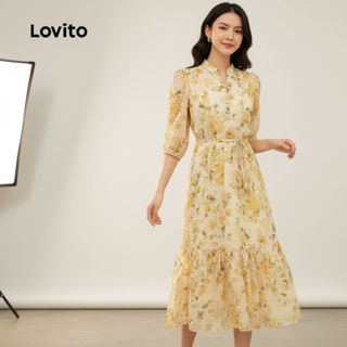 Lovito Vestido Feminino com Botão Verão Amarelo para mulheres L154LD308 em Oferta na Shopee