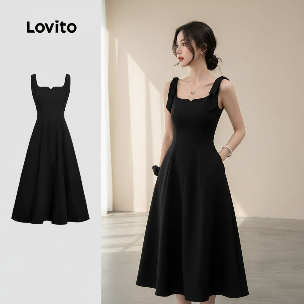 Lovito Refine Vestido Feminino Casual Preto Com Bolso E Cadarço, Ideal Para Verão/Primavera L134ED498 em Oferta na Shopee