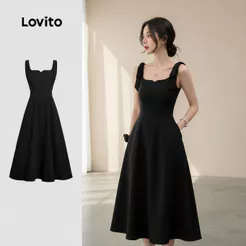 Lovito Elegante Vestido Feminino Preto Com Bolso E Cadarço Ideal Para Verão/Primavera Bordado L134ED498