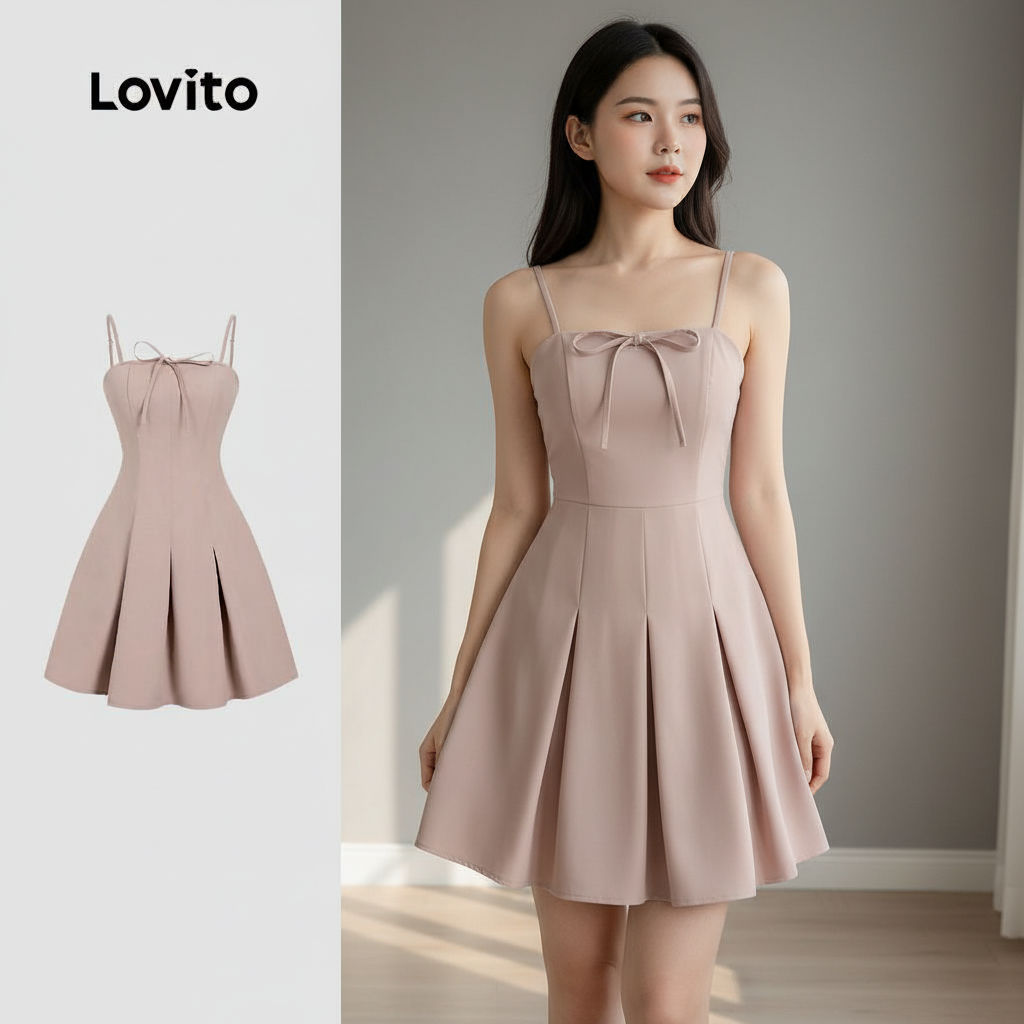 Lovito Vestido Sofisticado com Pregas e Laço Frontal para Primavera/Verão Caqui L155ED1935 em Oferta na Shopee
