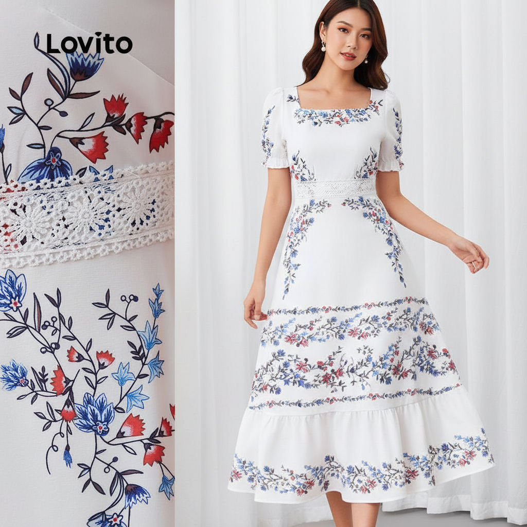 Lovito Vestido Casual Feminino Com Bordado Floral E Tecido De Qualidade Para Verão/primavera LBL23629