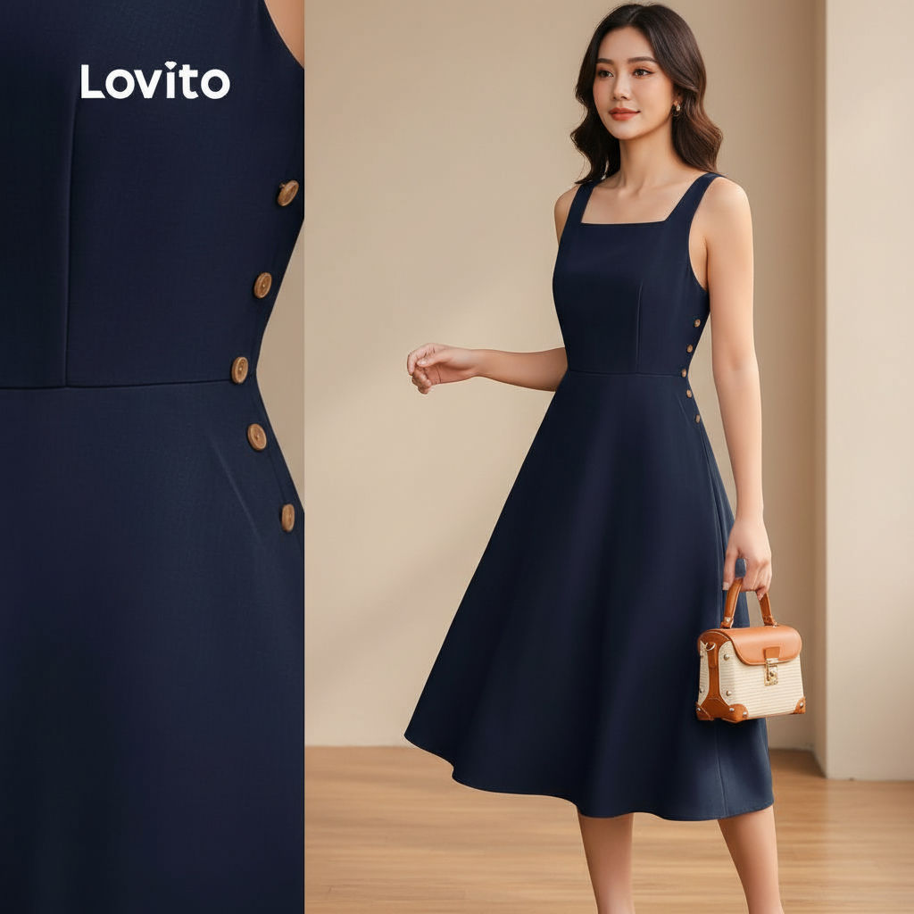 Lovito Refine Vestido Azul Marinho de Bolso com Botões para Primavera Verão LBL26228 em Oferta na Shopee