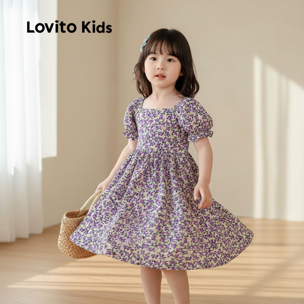 Lovito Vestido infantil Colorido com Drapeado para Meninas Primavera Verão LNL119129 em Oferta na Shopee