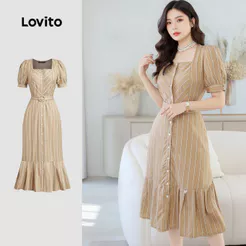 Lovito Elegante Vestido Feminino Geométrico para Primavera e Verão em Caqui L154ED175