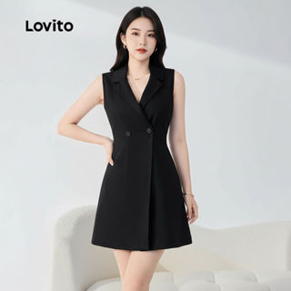 Lovito Refine Vestido Elegante Botão Assimétrico Primavera/Verão Preto L138ED1415 em Oferta na Shopee