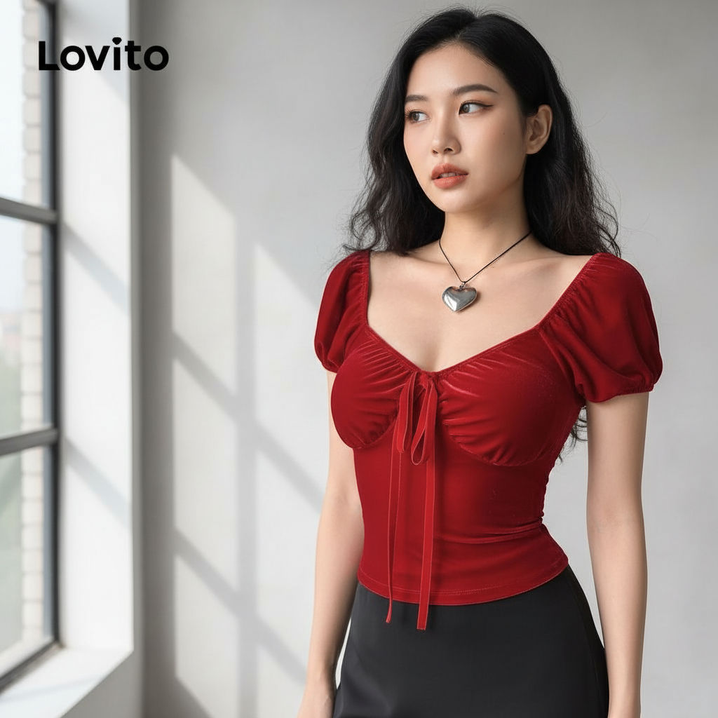 Lovito Blusa Casual Feminina Laço Liso Frente Plissada L87ED215 em Oferta na Shopee
