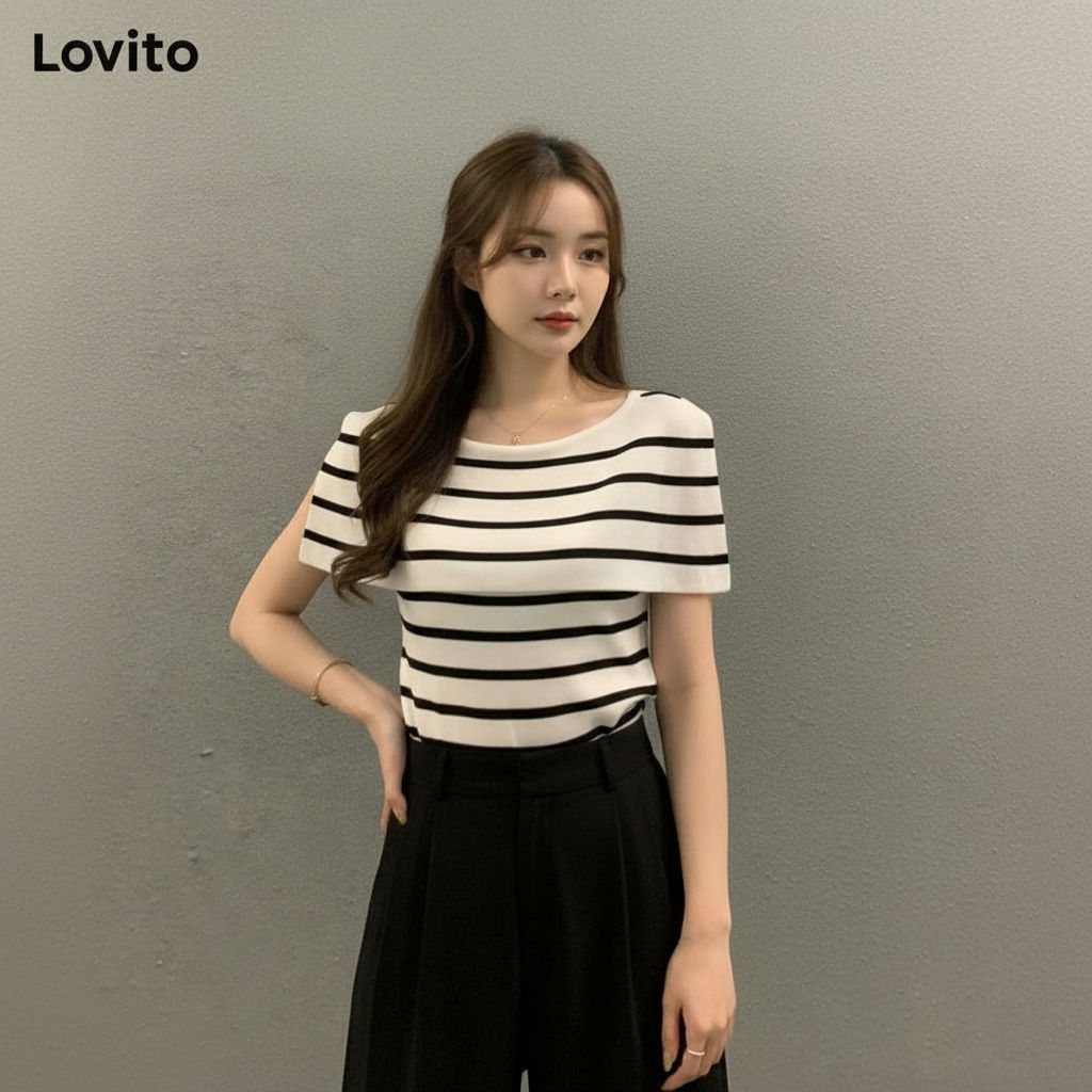 Lovito Refine Camiseta Casual Listrada Com Ombro Frio Para Mulheres LNA21258 (Multicolorido)