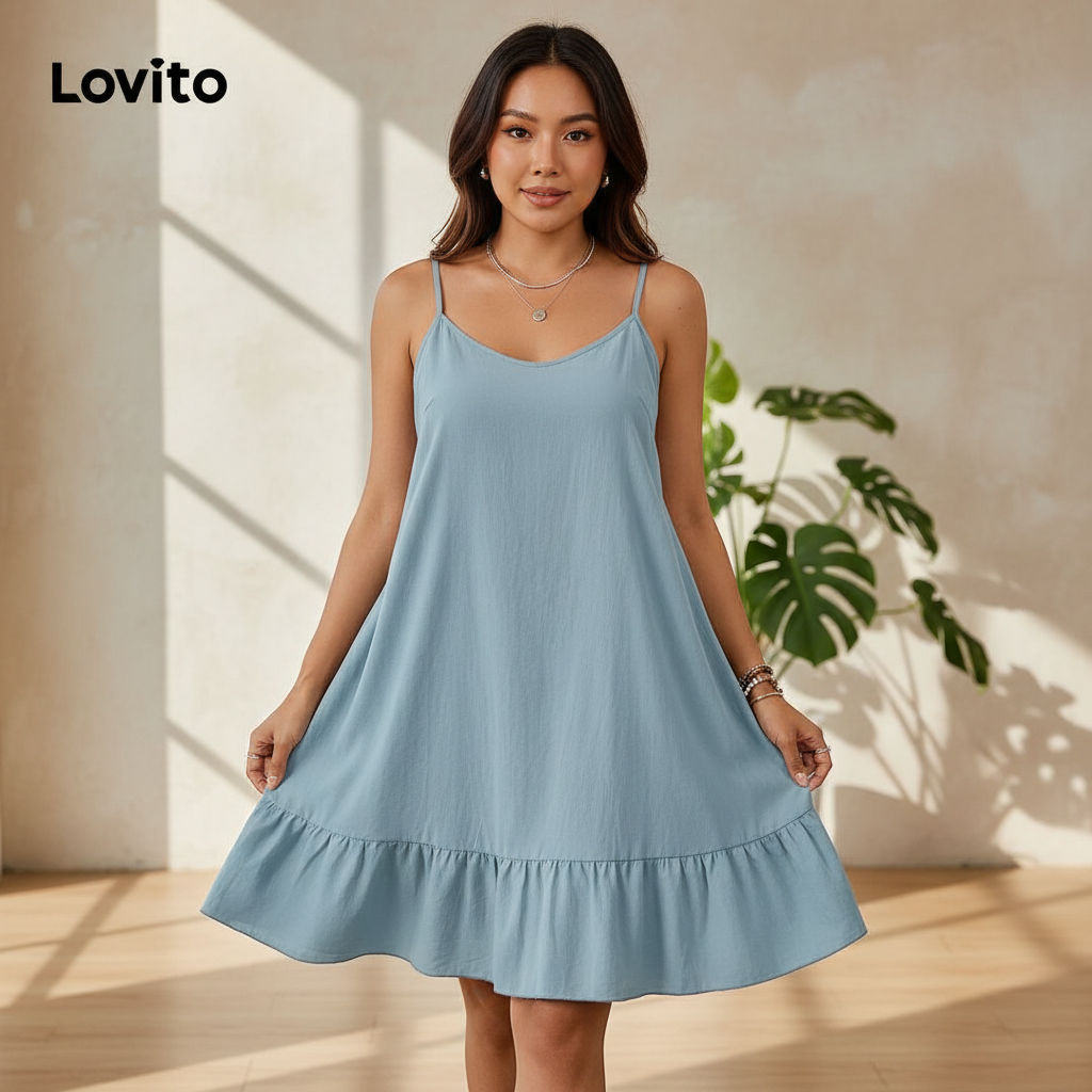 Lovito Vestido Curva Plus Size Casual Babados Lisos Feminino LBL18844 em Oferta na Shopee