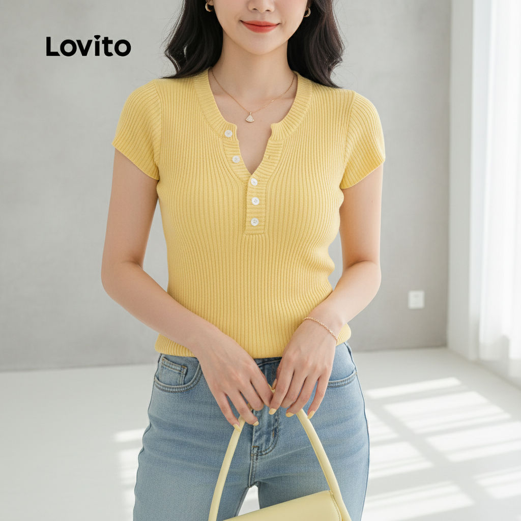 Lovito Blusa Feminina Casual de Algodão com Botões Amarela para Primavera/Verão L155ED040 em Oferta na Shopee