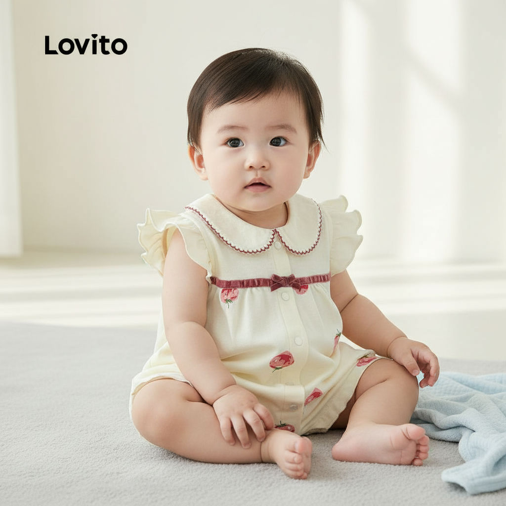 Lovito Romper sofisticado com estampa de laço de frutas e vegetais e botões frontais para bebê LNA94023 em Oferta na Shopee