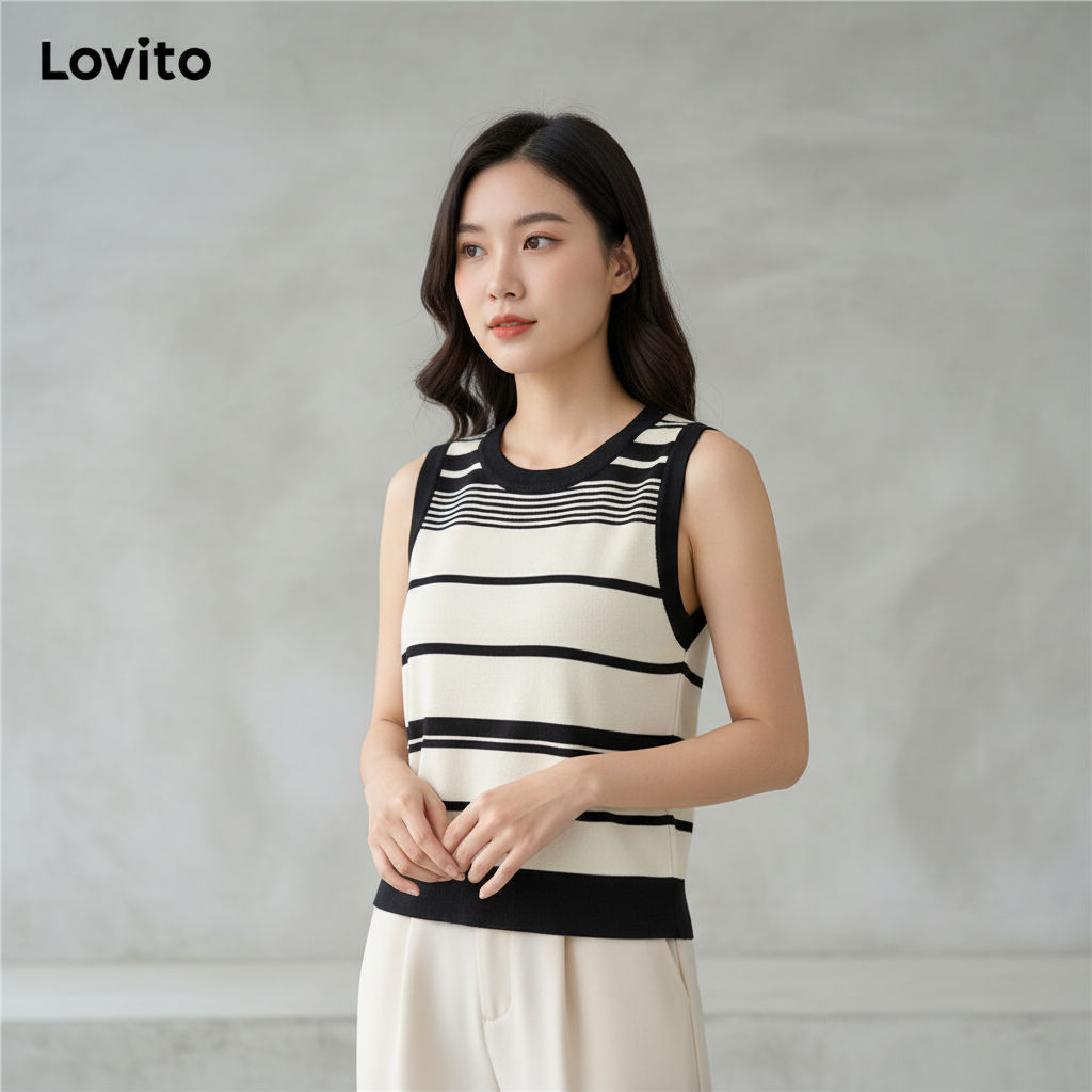 Lovito Blusa Feminina Sem Manga Malha Listrada Gola Contrastante Casual LNA07134 (Rosa/Preto e Branco) em Oferta na Shopee