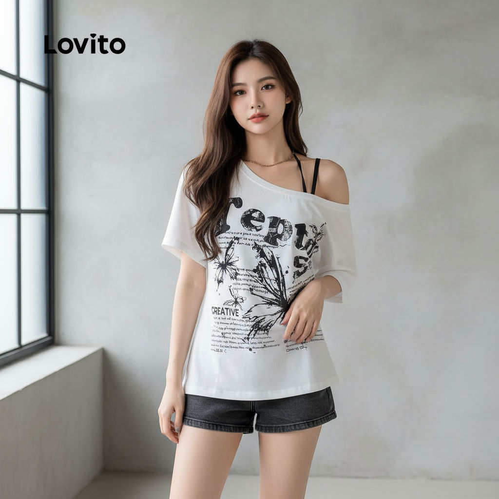 Lovito Casual Feminina Camiseta Branca Ombro Frio Plissada Padrão 2 Em 1 L136AD148 em Oferta na Shopee