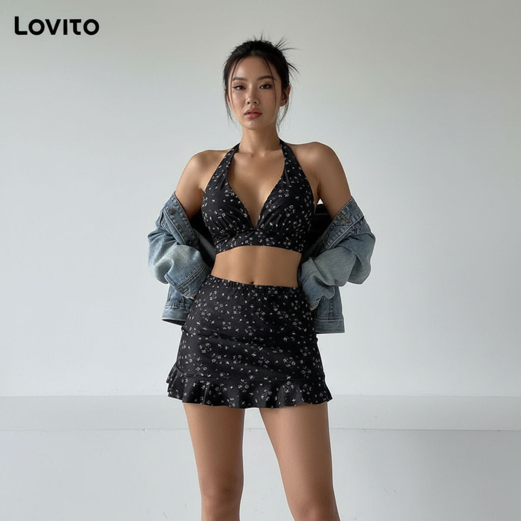 Lovito Conjuntos Sensuais Estampa Floral Babados Franzido Laço Biquíni Verão/Primavera Femininos LNL91017 em Oferta na Shopee